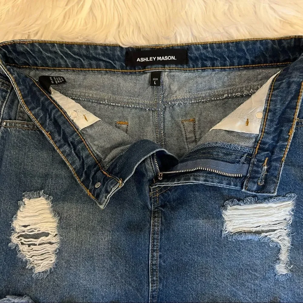 Ashley Mason A-Line Denim Jean Skirt Size Large Distressed Mini Length
